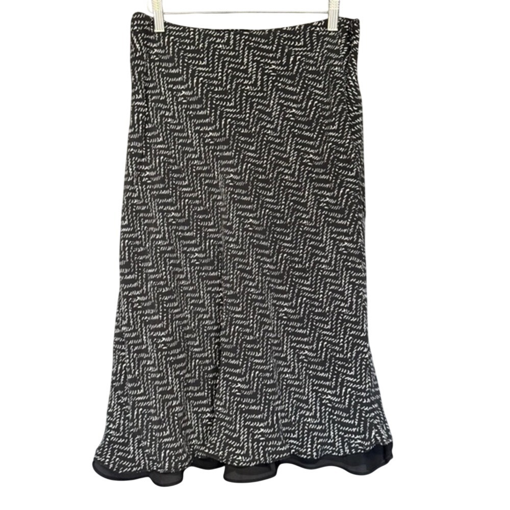 Talbots Petites Black White Pure Silk Chevron Midi Skirt Size 2P